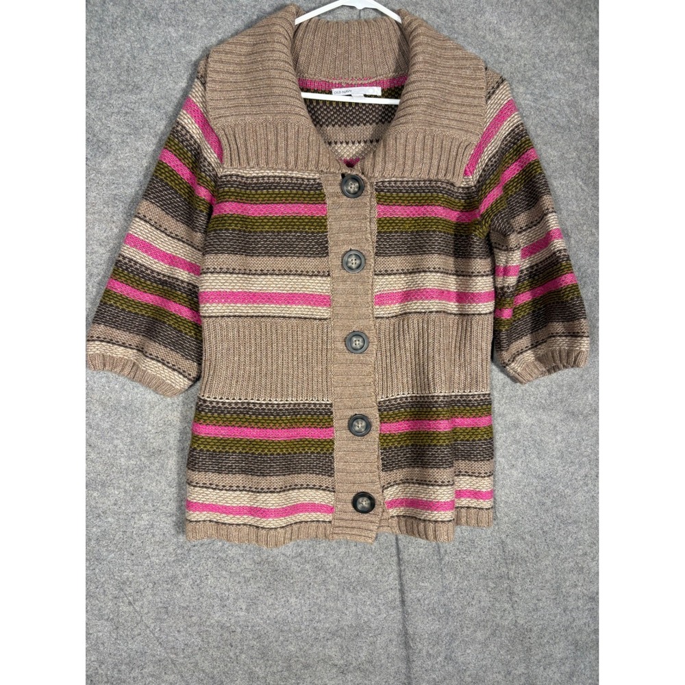 Old Navy Womens Striped Cardigan Sweater Brown Pink Lambswool Blend Size M
